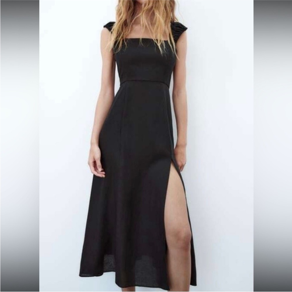 Zara Linen Lace-up Back Midi Dress, L